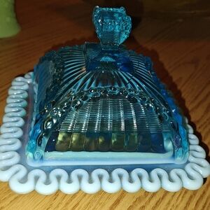 Indiana Glass Blue and White Butter Dish